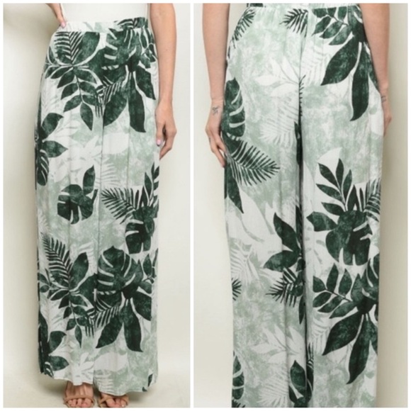 ☀️IVORY GREEN TROPICAL PALM LEAVES PANTS - Picture 3 of 8